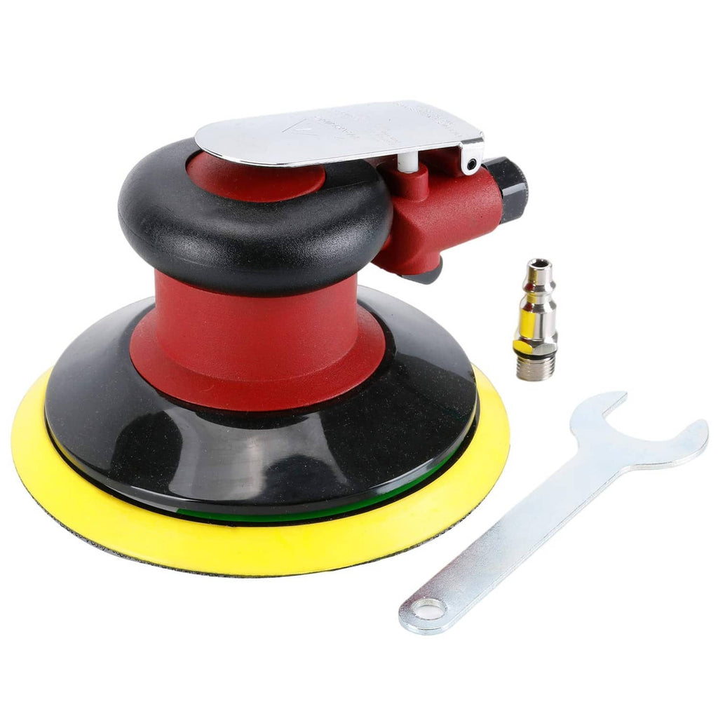 Random orbital palm sander with yellow pad and included fittings, red and black design