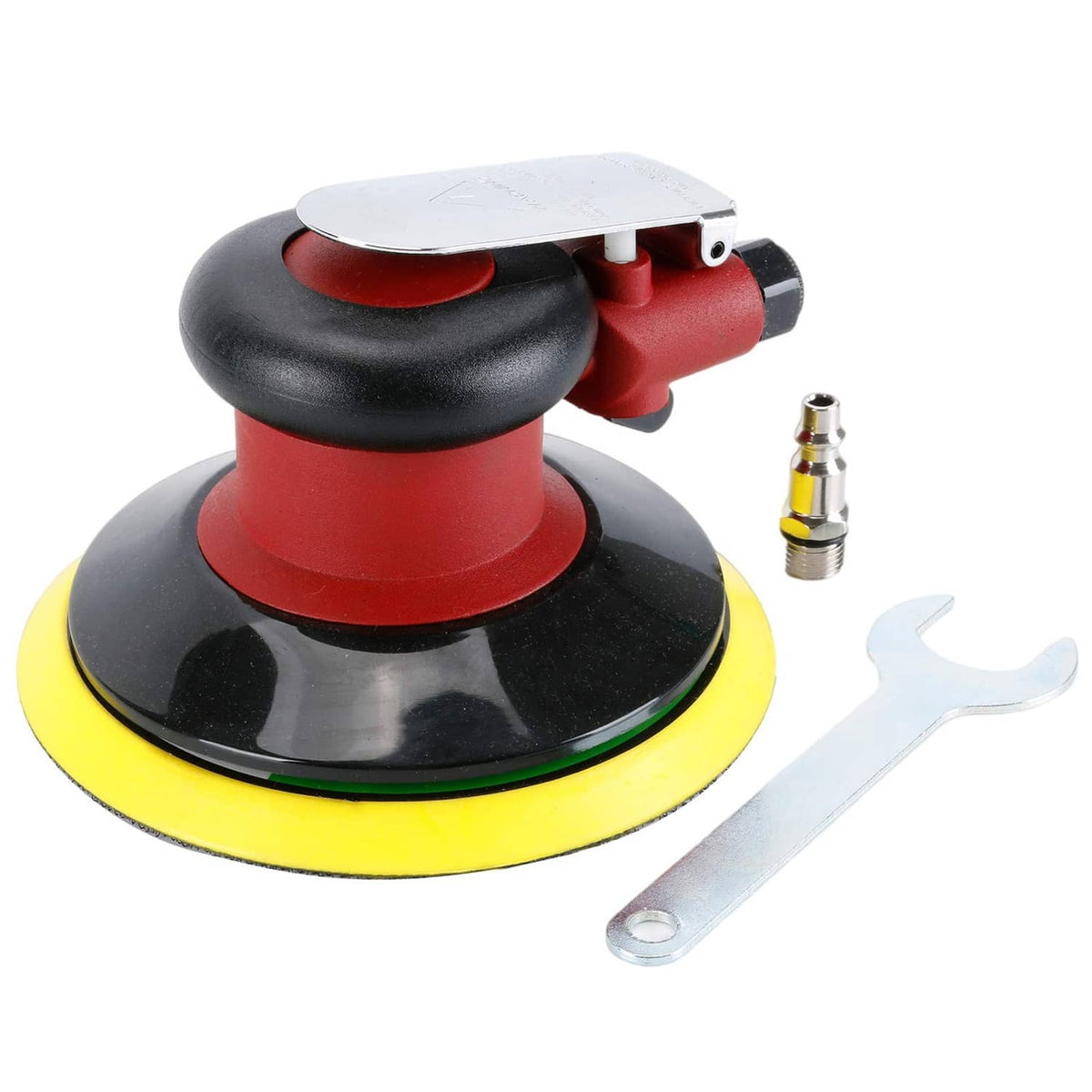 Random orbital palm sander with yellow pad and included fittings, red and black design