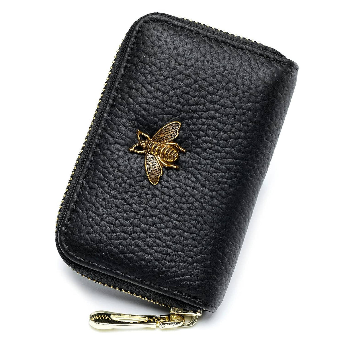 Black leather zipper card case wallet with gold bee charm on the front
