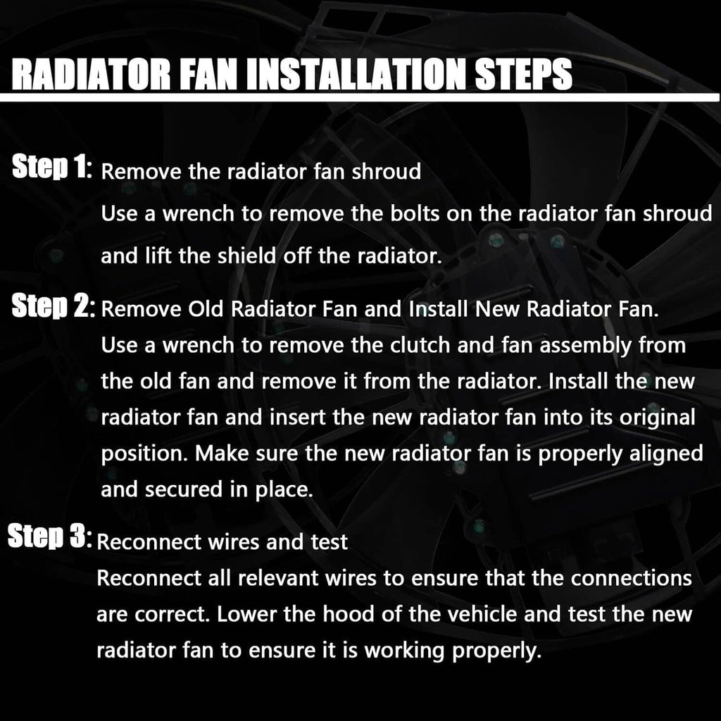 Radiator fan installation steps graphic with numbered steps and wiring notes