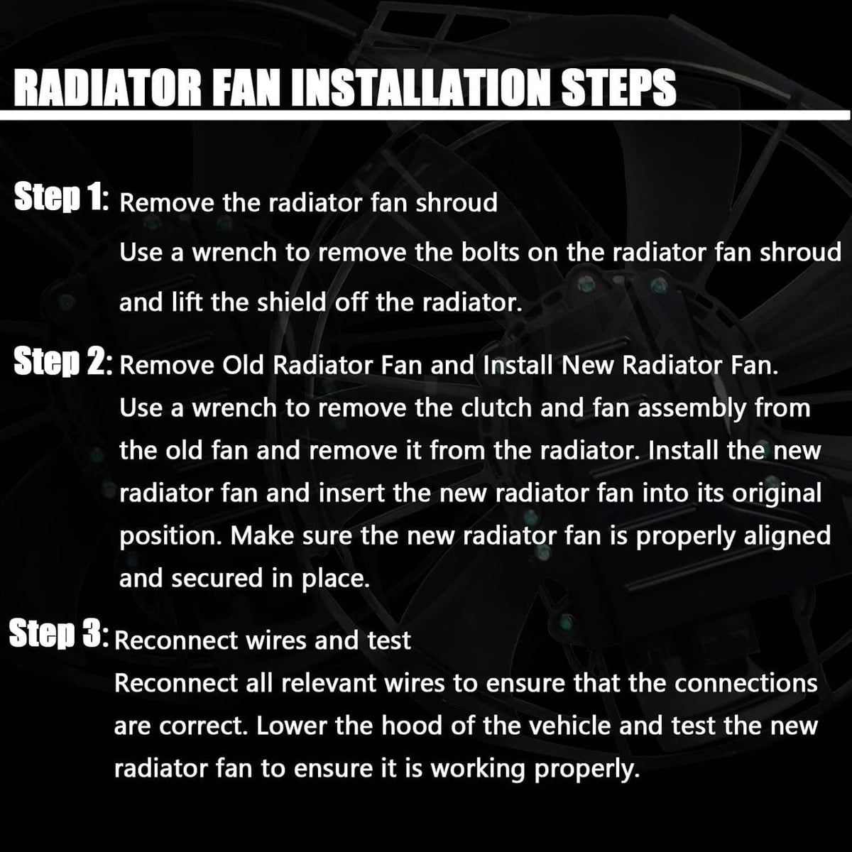 Radiator fan installation steps graphic with numbered steps and wiring notes