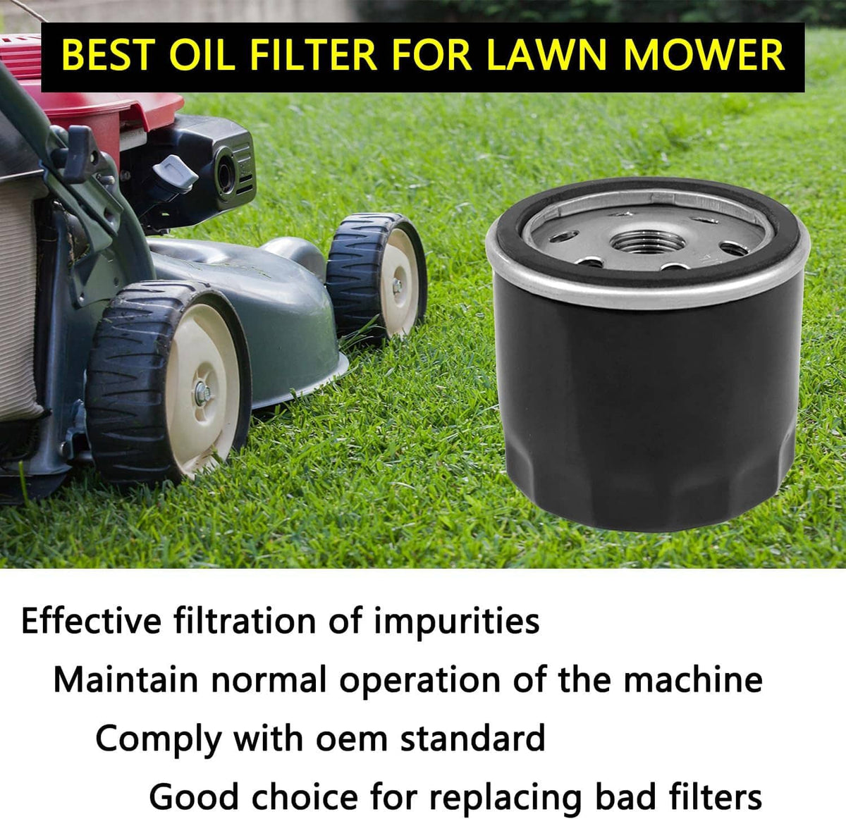 Cylindrical black oil filter with metal top rim and center threaded outlet