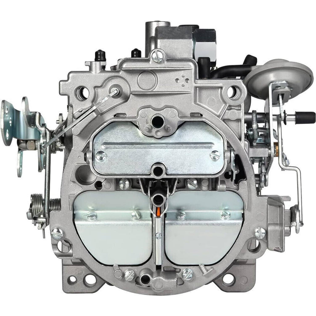 Silver Rochester Quadrajet 4-barrel carburetor, top view with air horn and linkage