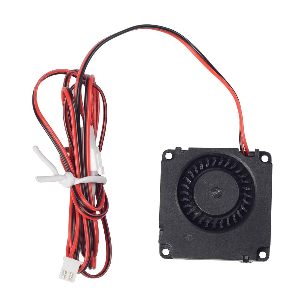 Square black cooling fan module with circular motor, red/black wires bundle, DC connector