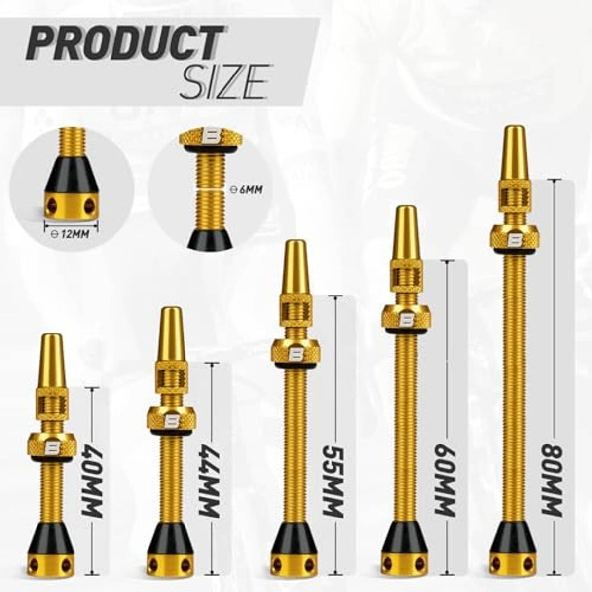 Golden tubeless Presta valve stems shown in multiple lengths with black rubber bases