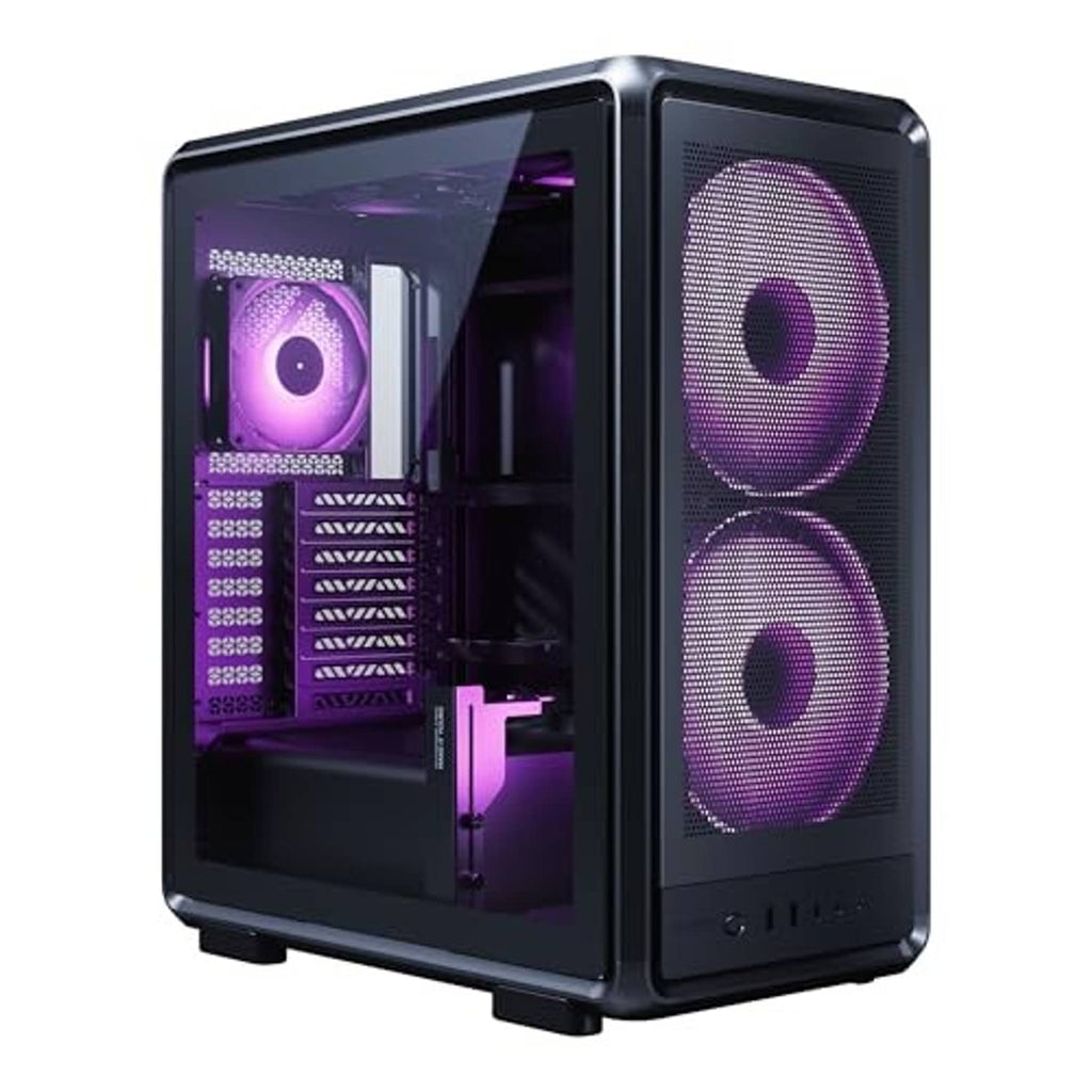 Black PC case front view with dual purple RGB fans behind mesh