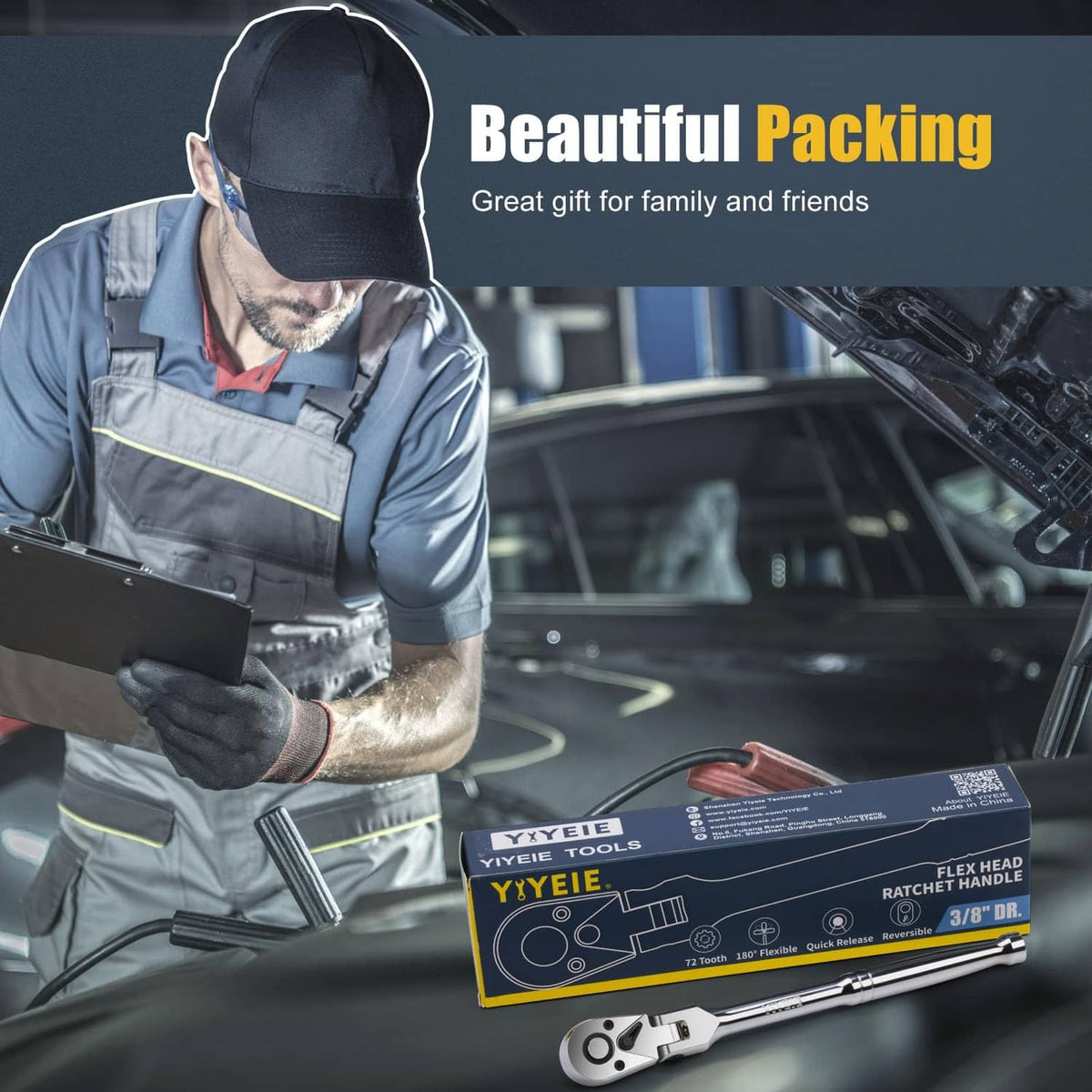 YIYEIE flex-head ratchet wrench with retail packaging shown on workbench