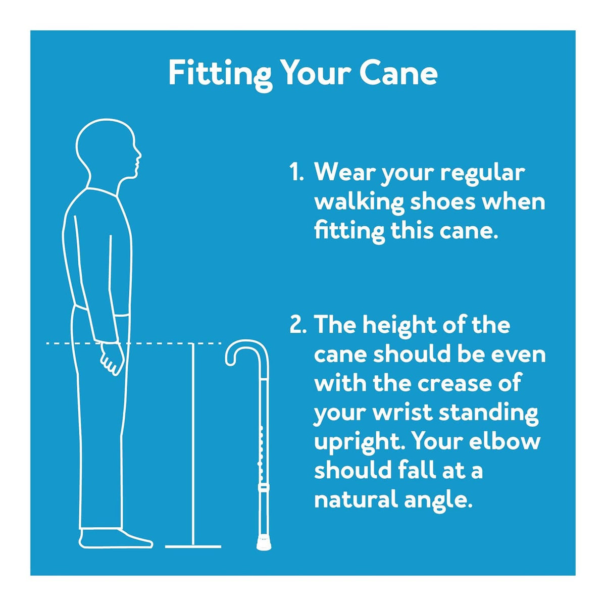 Offset cane with cushioned handle, black wrist strap, and height adjustment markings