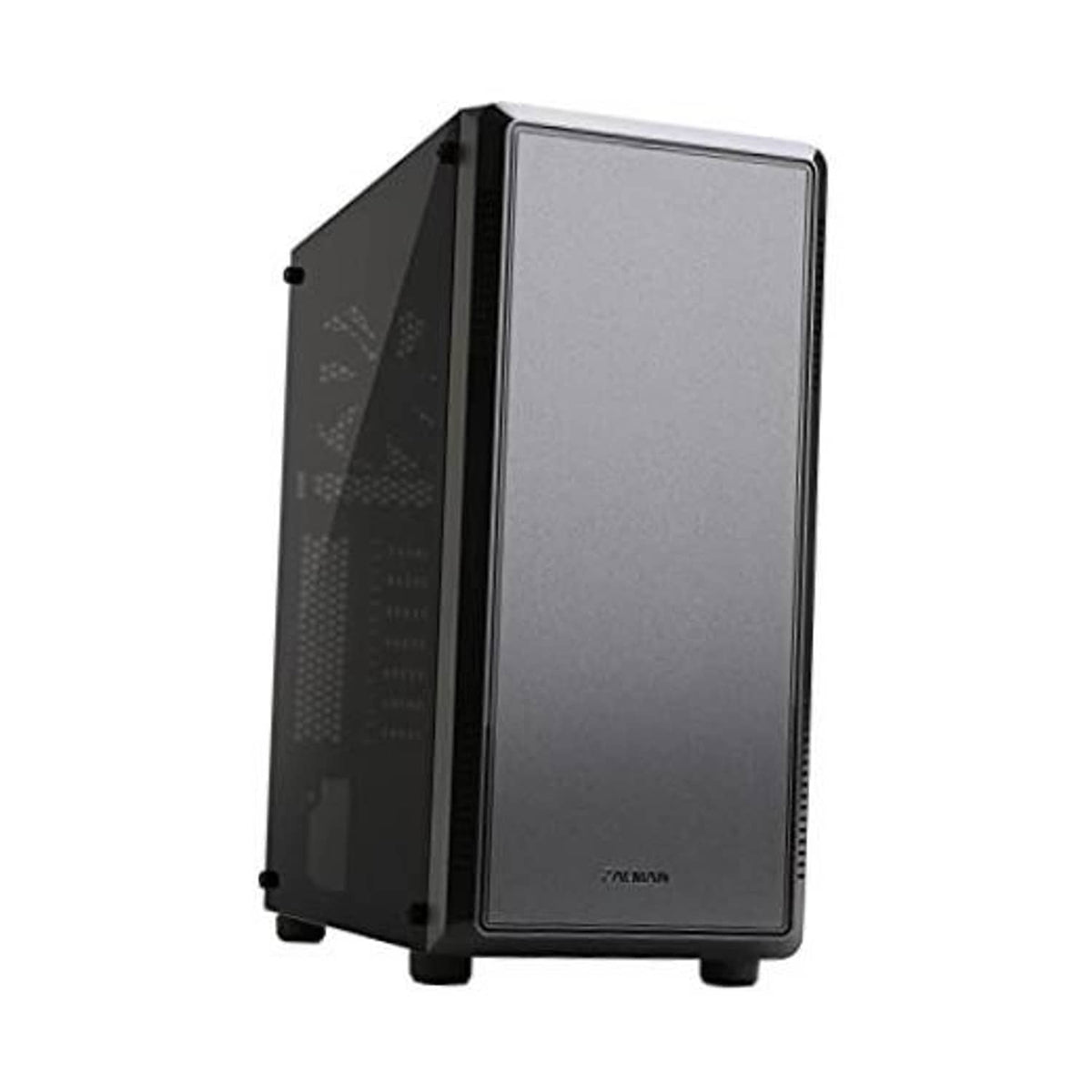 Black ATX mid-tower gaming PC case with tinted acrylic side window and front mesh