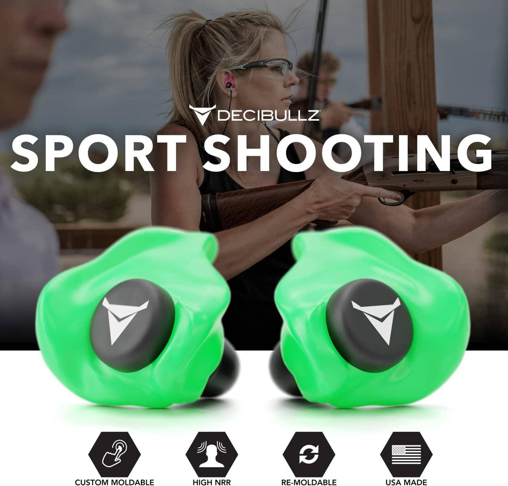 Pair of green earplugs with accessory icons displayed below
