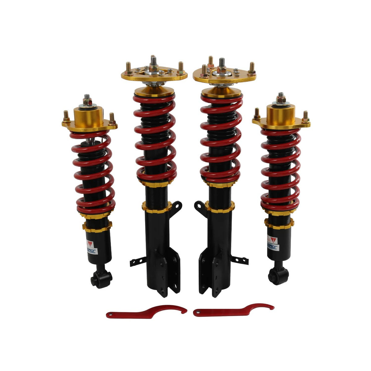 Coilover lowering suspension kit with four shock struts, red springs, black bodies, gold mounts.