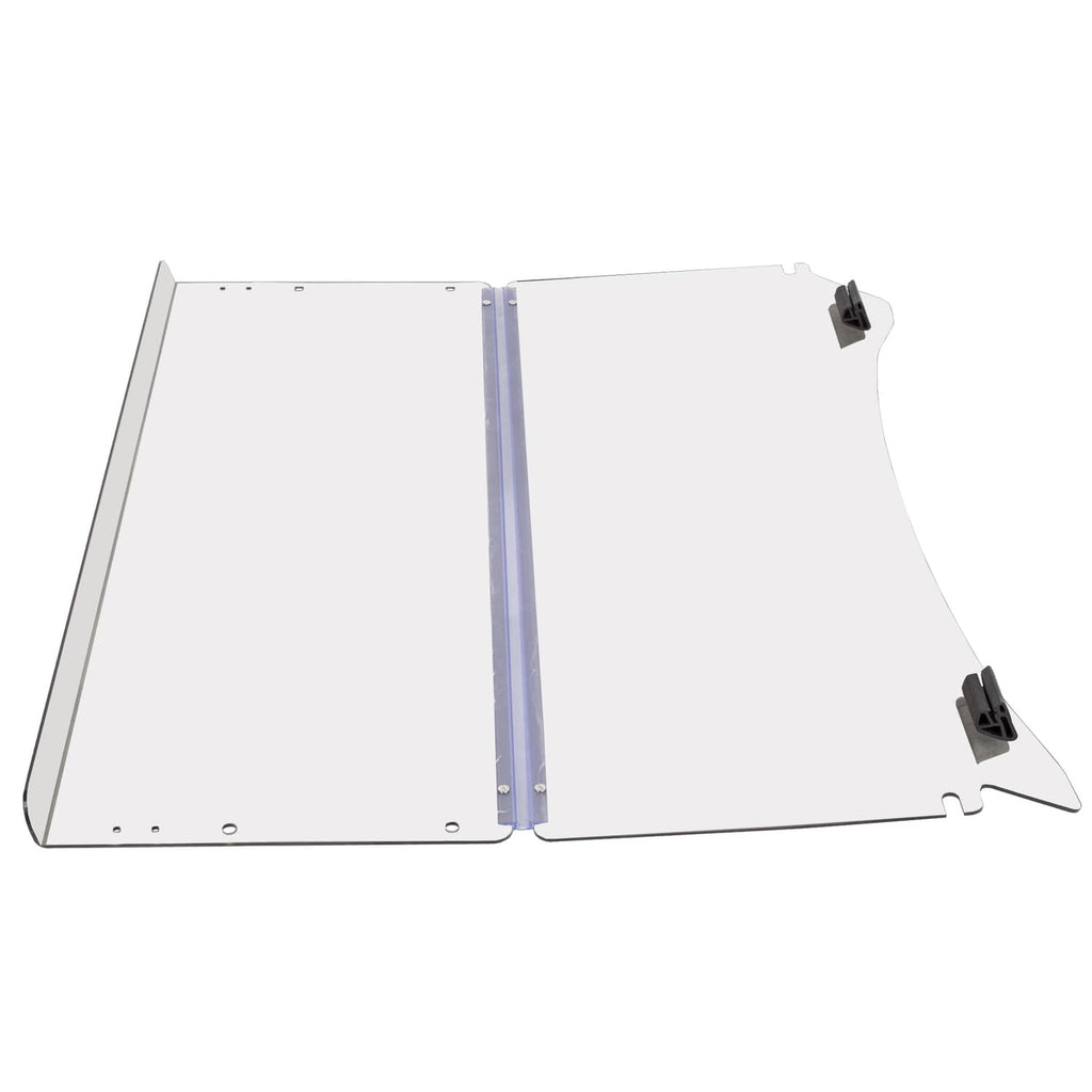 Two-piece clear folding windshield with black latch clips and blue frame strip.