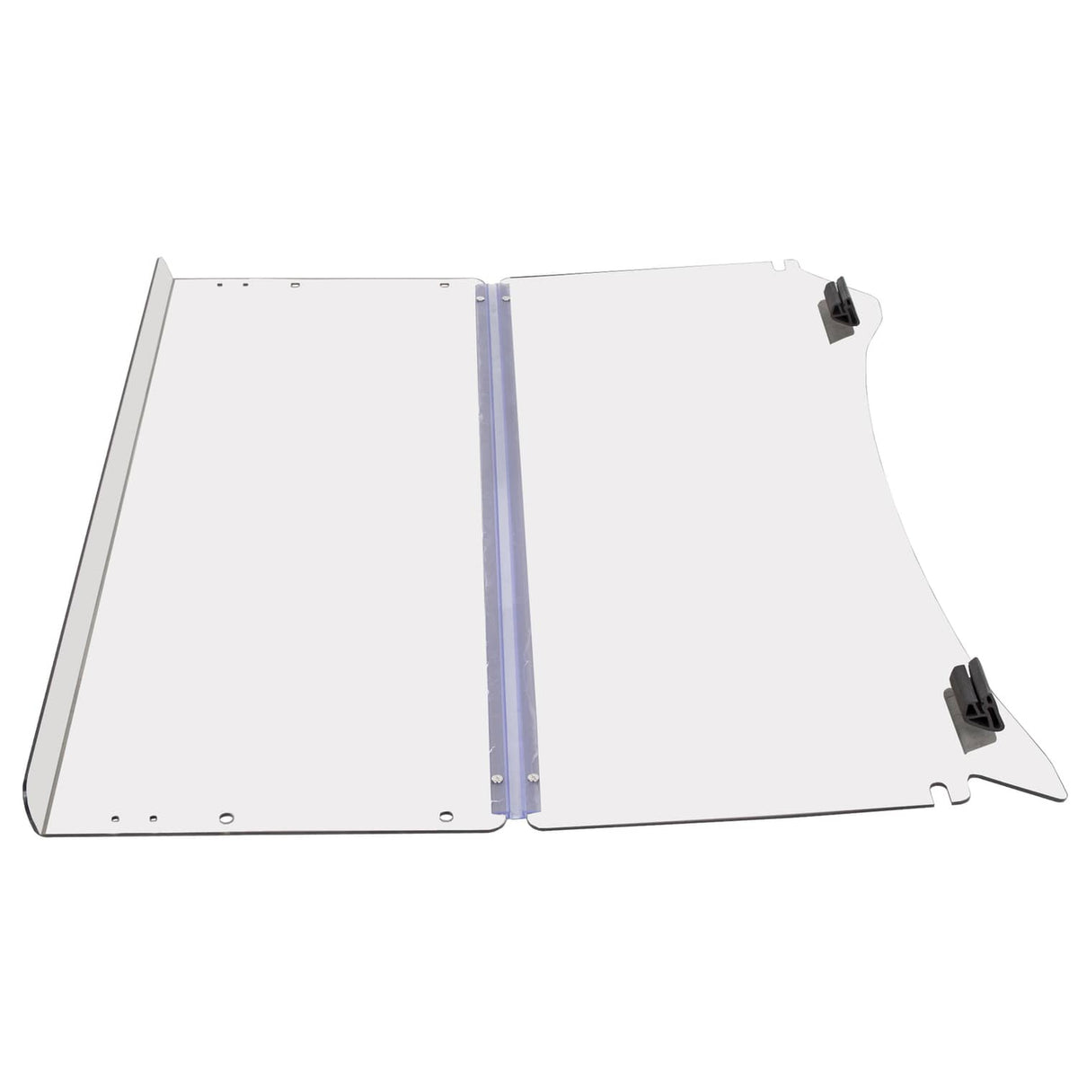 Two-piece clear folding windshield with black latch clips and blue frame strip.