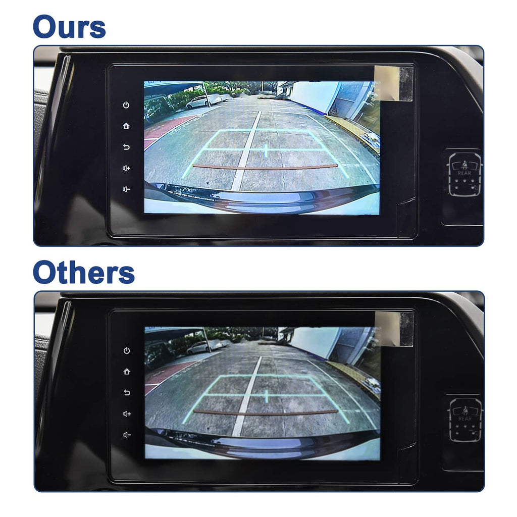 In-dash display showing rear camera view with parking guidance grid lines