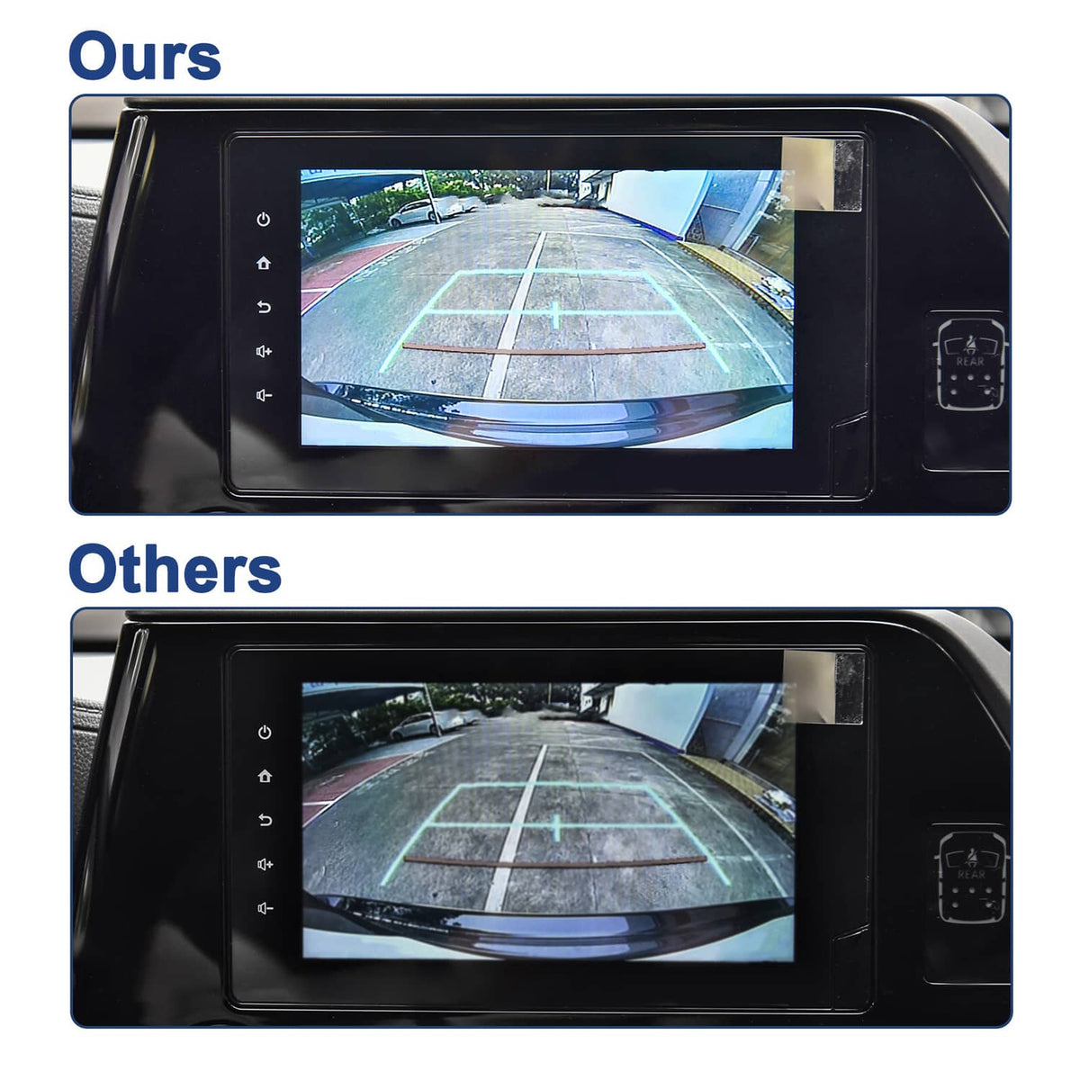In-dash display showing rear camera view with parking guidance grid lines