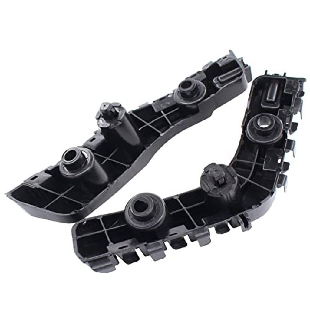 Pair of front bumper bracket retainer mounts, black plastic, side view with mounting holes