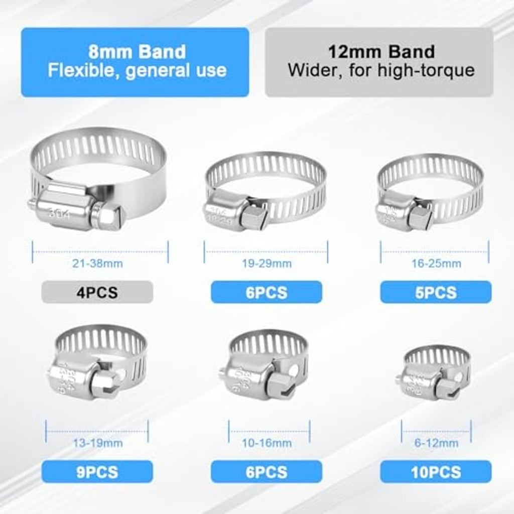 Multiple band-width stainless steel hose clamps, from about 6 mm up to 38 mm.