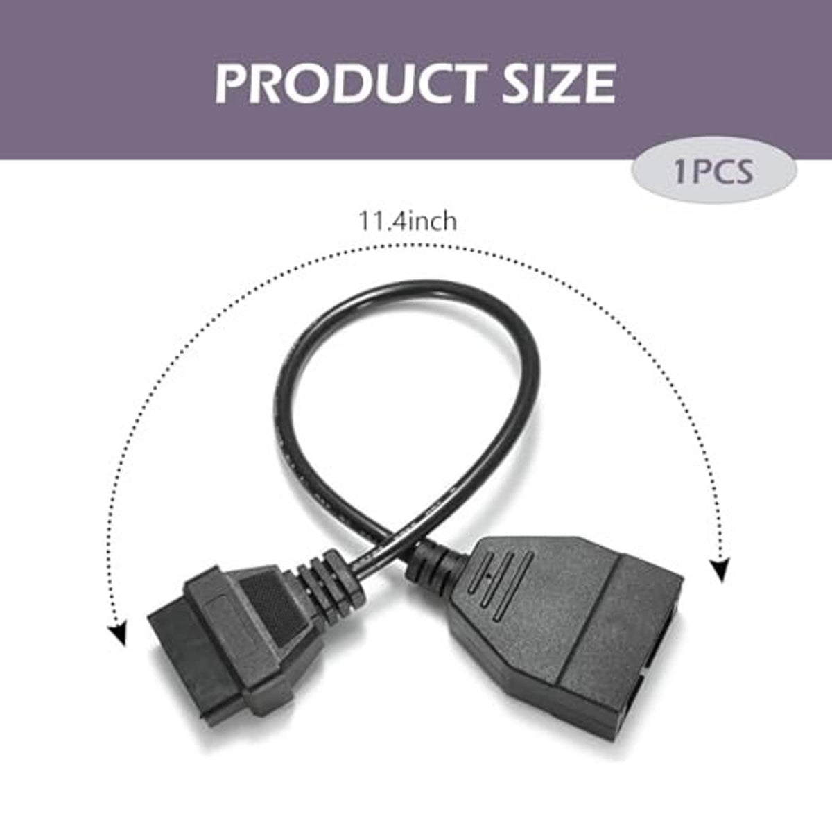 Car diagnostic adapter cable with black 12-pin and 16-pin plugs and flexible cord