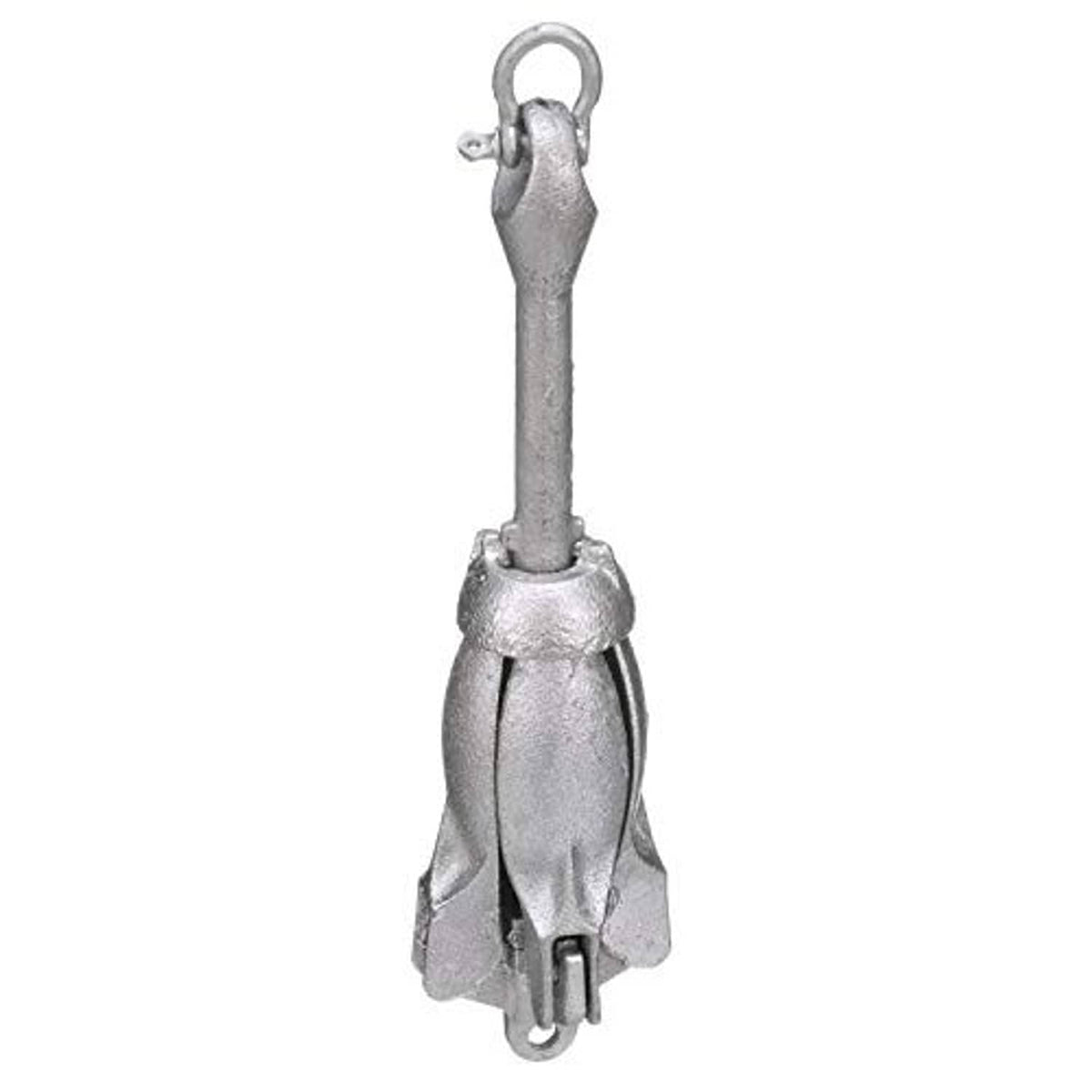 Folding grapnel anchor with folded flukes and top ring, silver-gray metal build