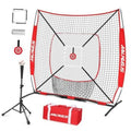 Red 6x6 pitching practice net with black grid, circular strike target, and front base pad