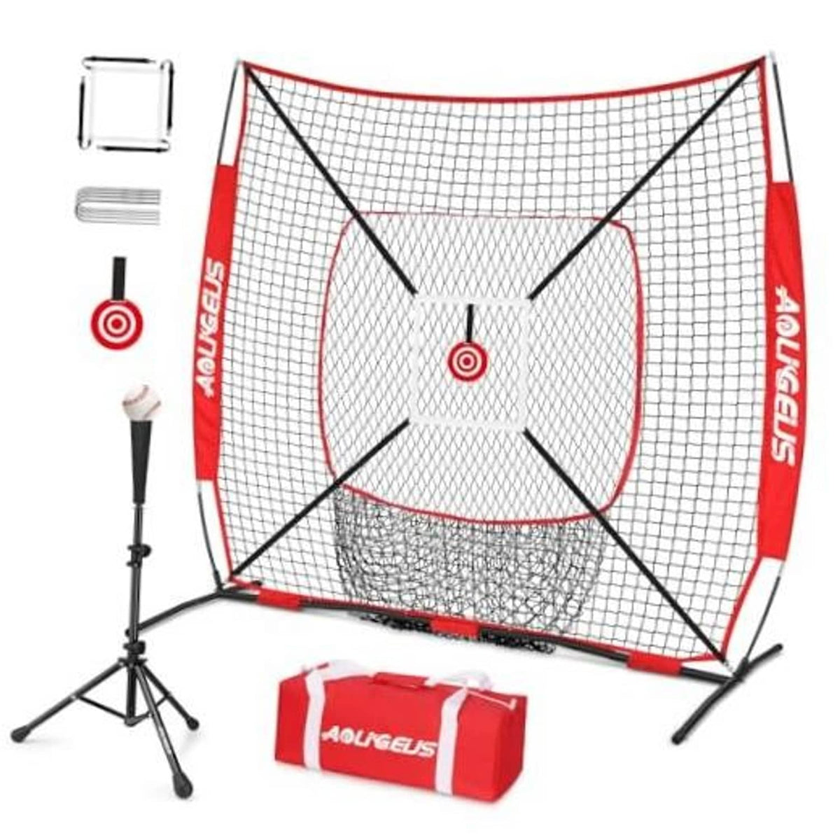 Red 6x6 pitching practice net with black grid, circular strike target, and front base pad