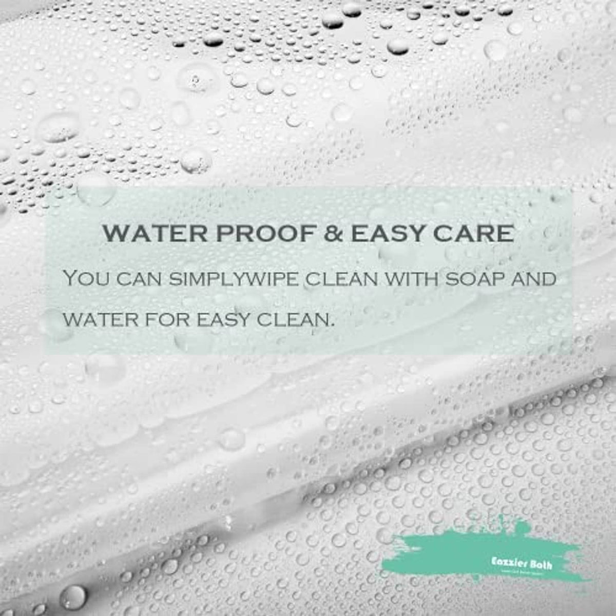 Clear plastic shower curtain liner with water beads on the wipe-clean surface