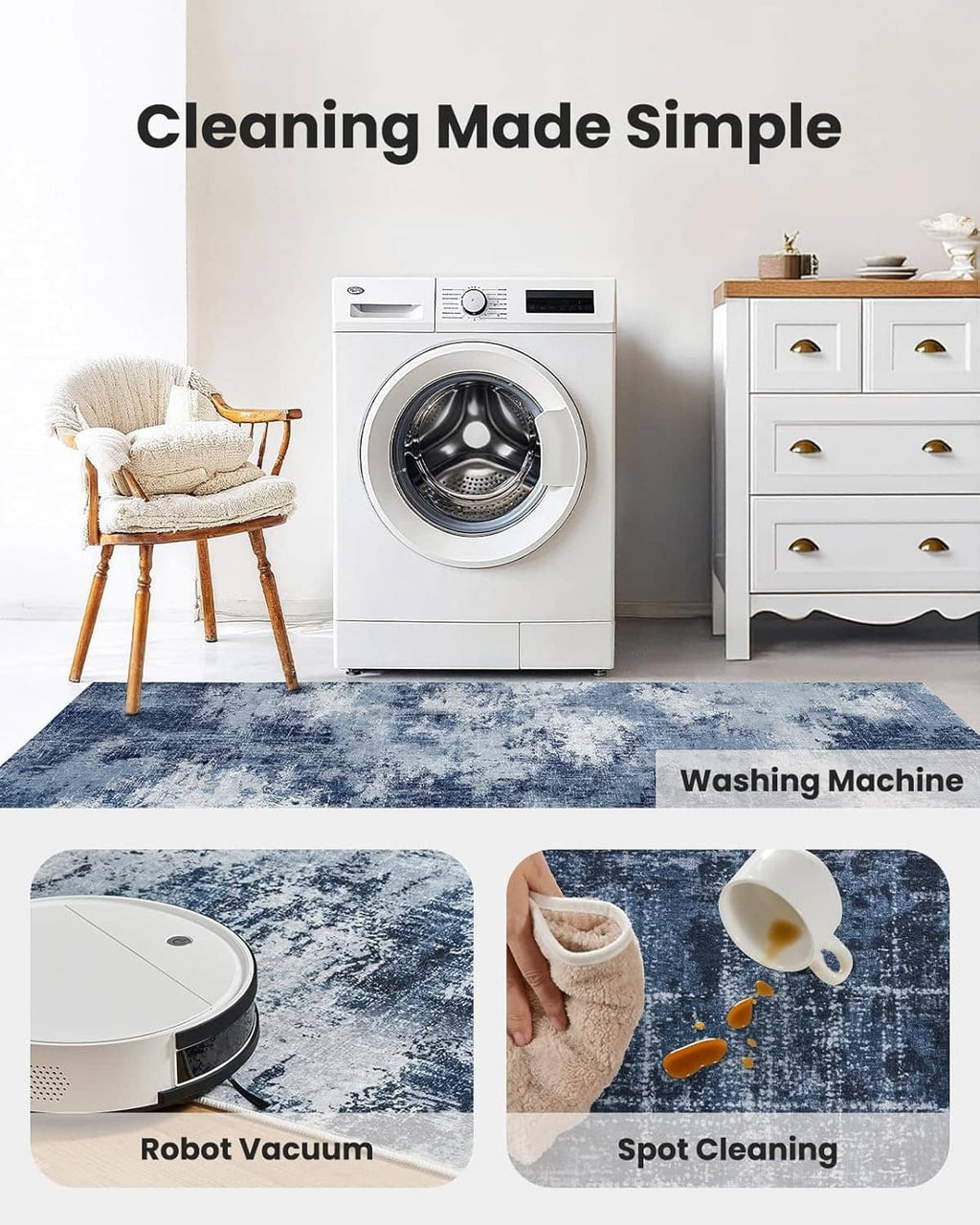 Blue area rug with cleaning icons for washing machine and spot cleaning
