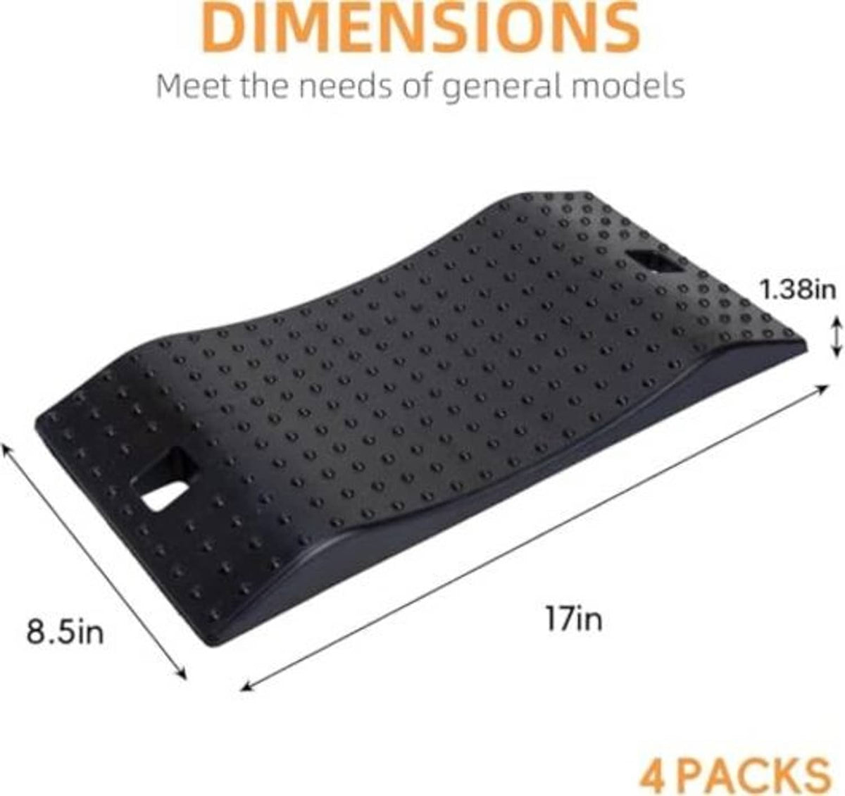 Black rubber wheel ramp on dimensions diagram with size measurement labels