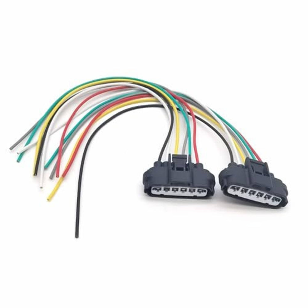 Throttle sensor pigtail connector pair with black housings and multicolor wire bundle