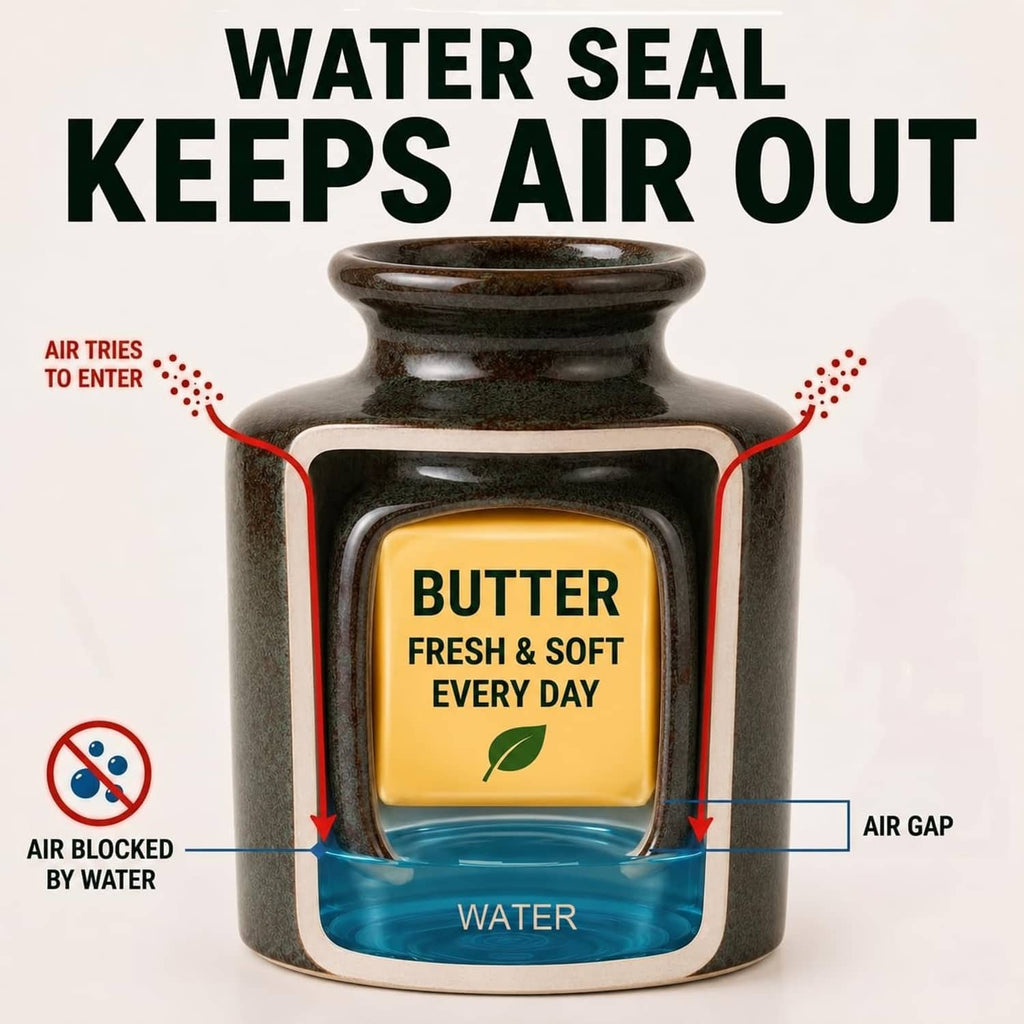 Dark greenish-brown butter crock with lid featuring a water-seal design
