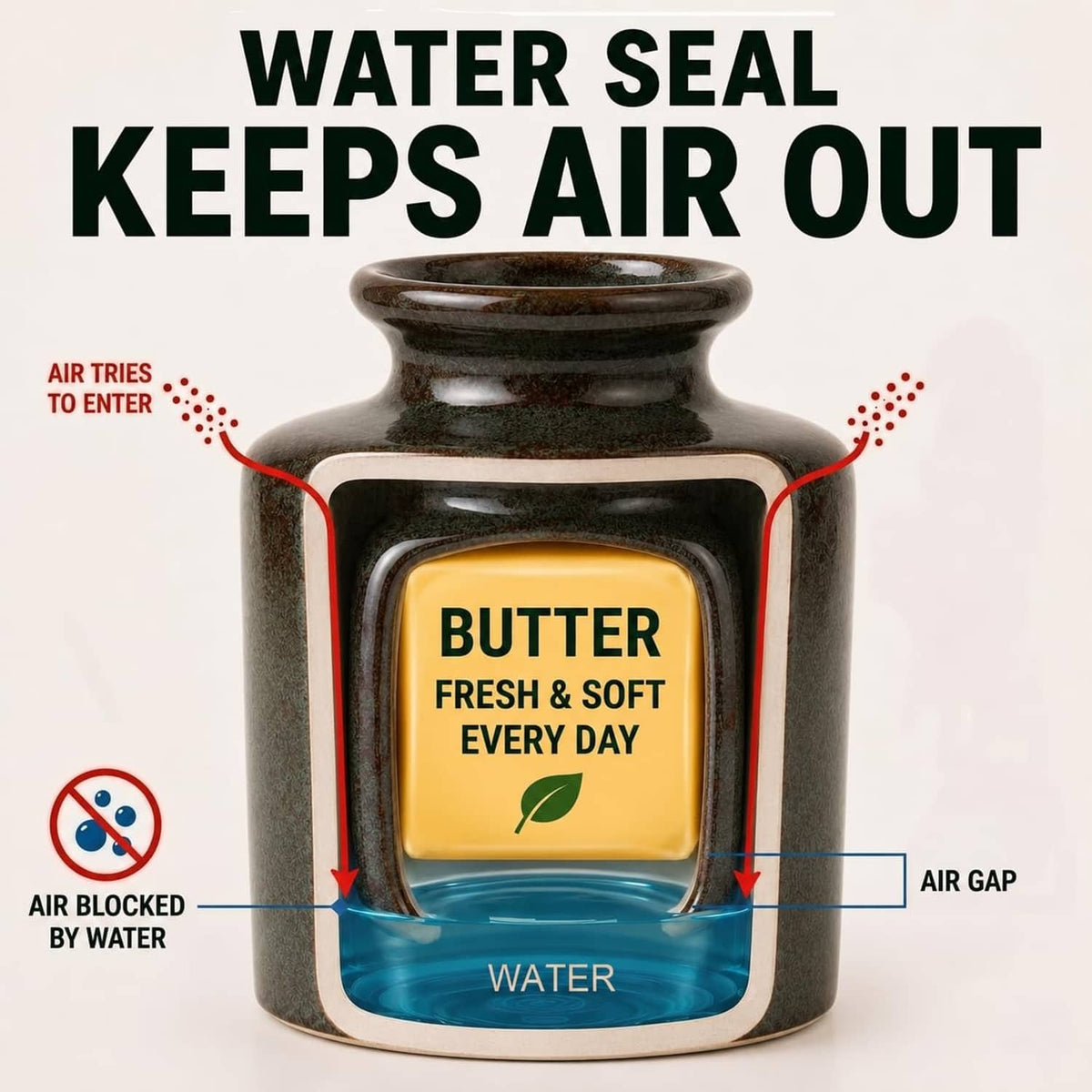 Dark greenish-brown butter crock with lid featuring a water-seal design