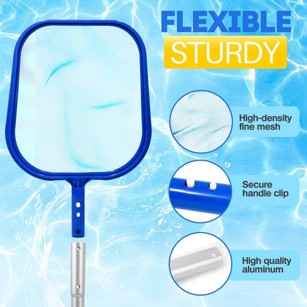 Blue fine-mesh skimmer net with secure handle clip and aluminum pole