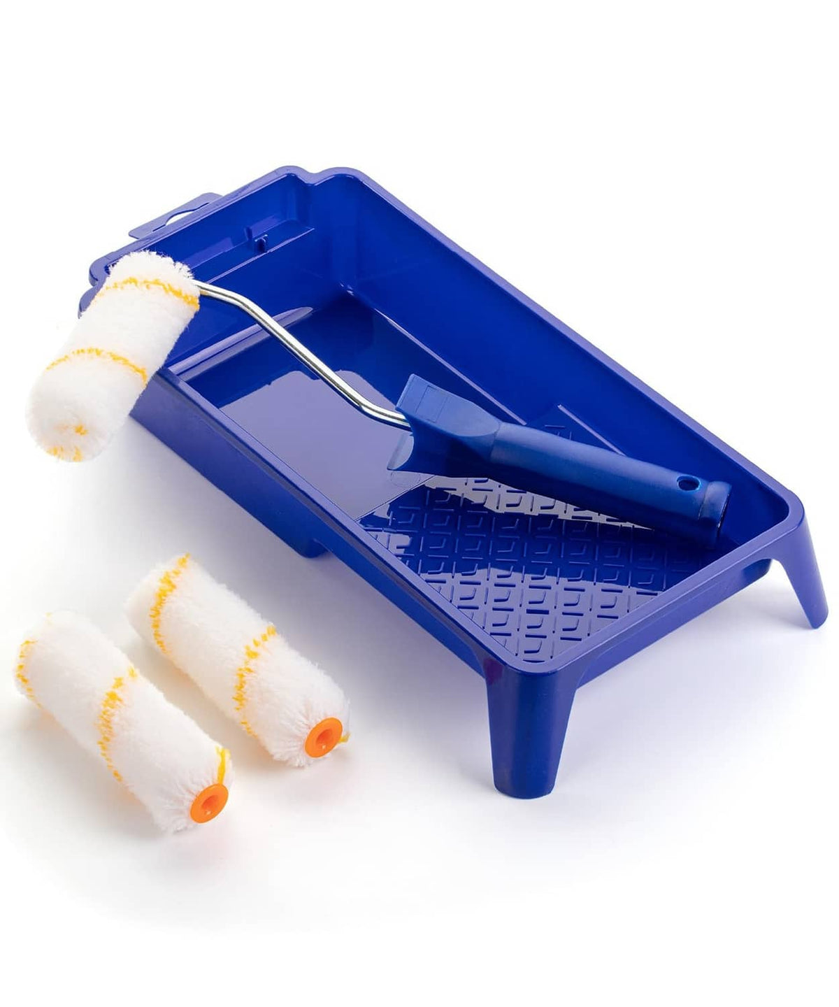 Blue paint tray with roller frame and two white roller covers with orange end caps