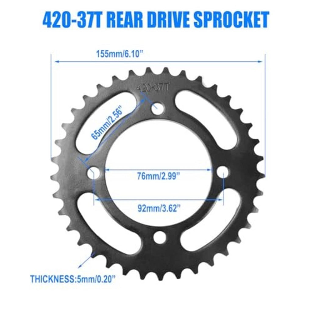 Black rear drive sprocket with oval cutouts and toothed outer ring, measurement diagram