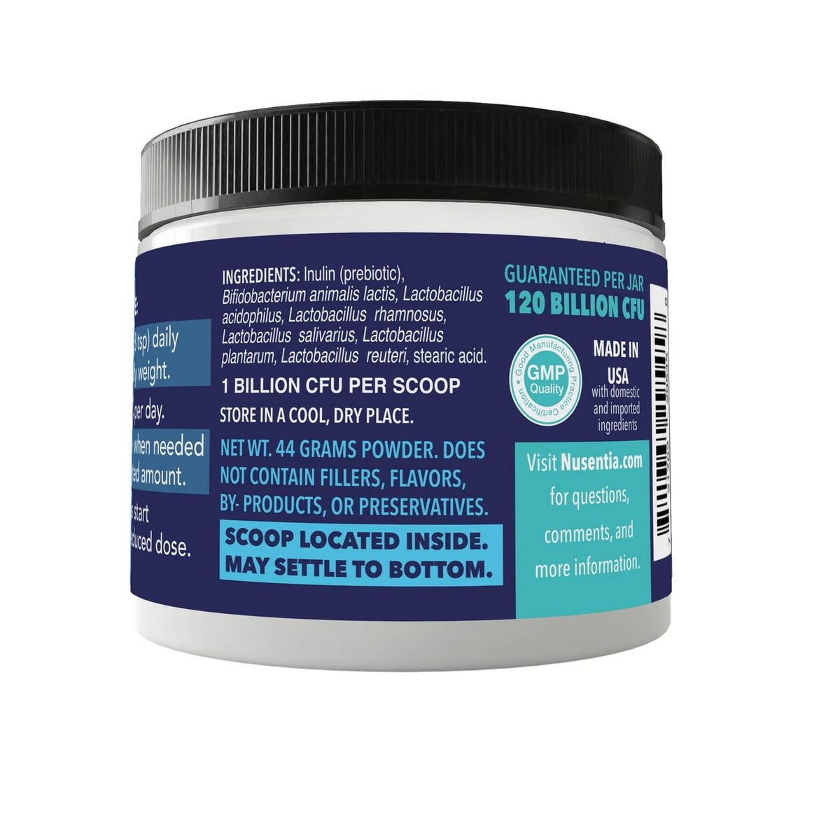 Back label of pet probiotic jar with guaranteed per jar and ingredients list