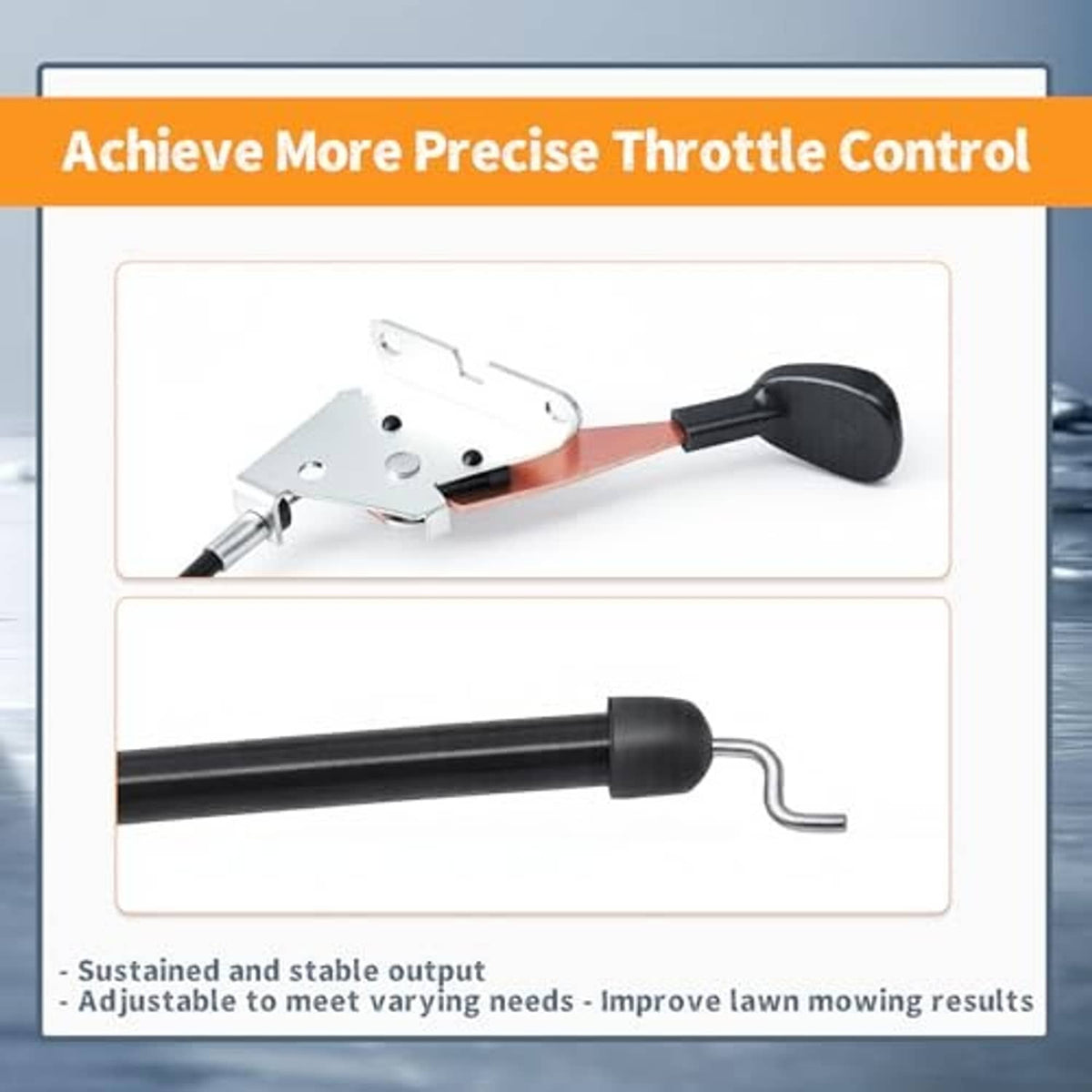 Throttle control lever with black handle grip and cable connection rod