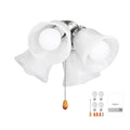 Four-light ceiling fan light kit with white glass shades and pull chain