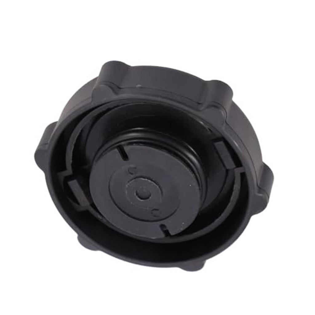 Black plastic gas oil filler cap with underside locking tabs and center insert