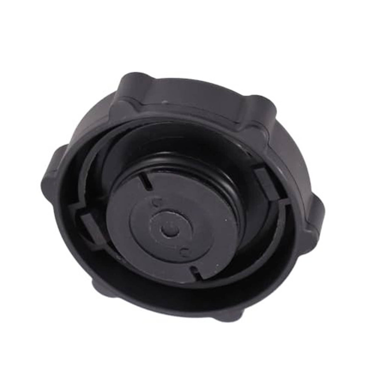 Black plastic gas oil filler cap with underside locking tabs and center insert