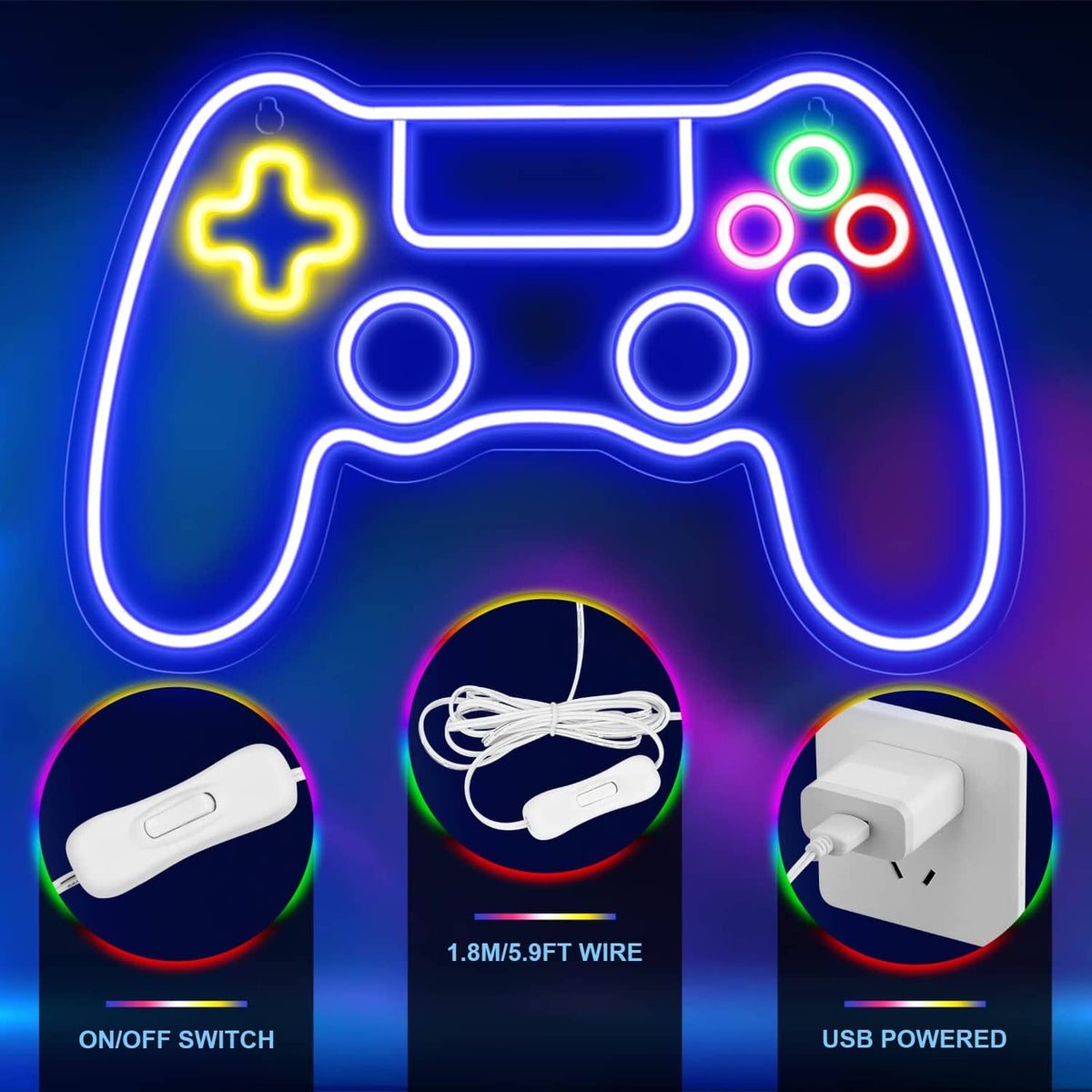 Gaming controller LED neon sign with USB power, on/off switch, and 1.8m wire.