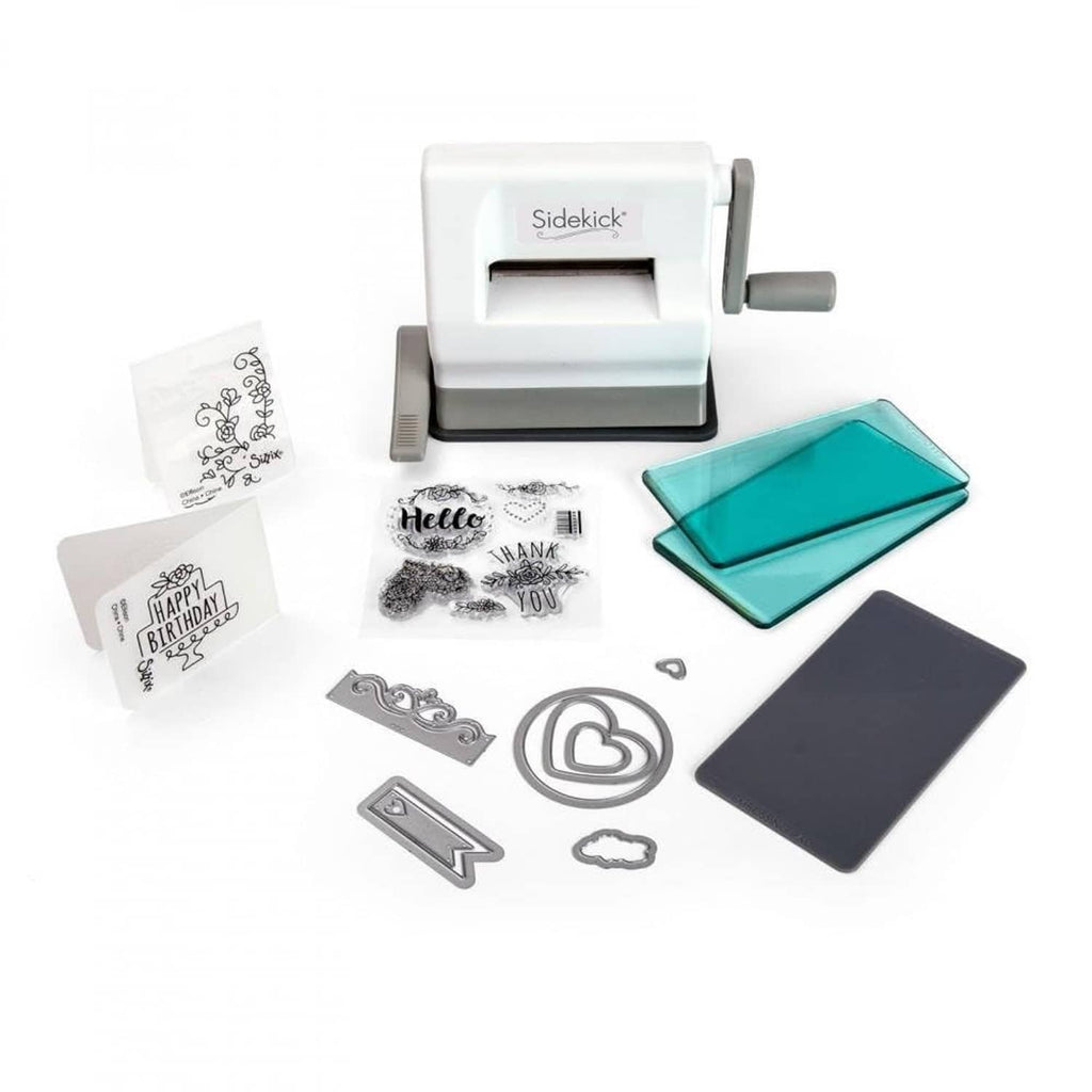 White portable manual die-cutting and embossing machine with teal embossing plate