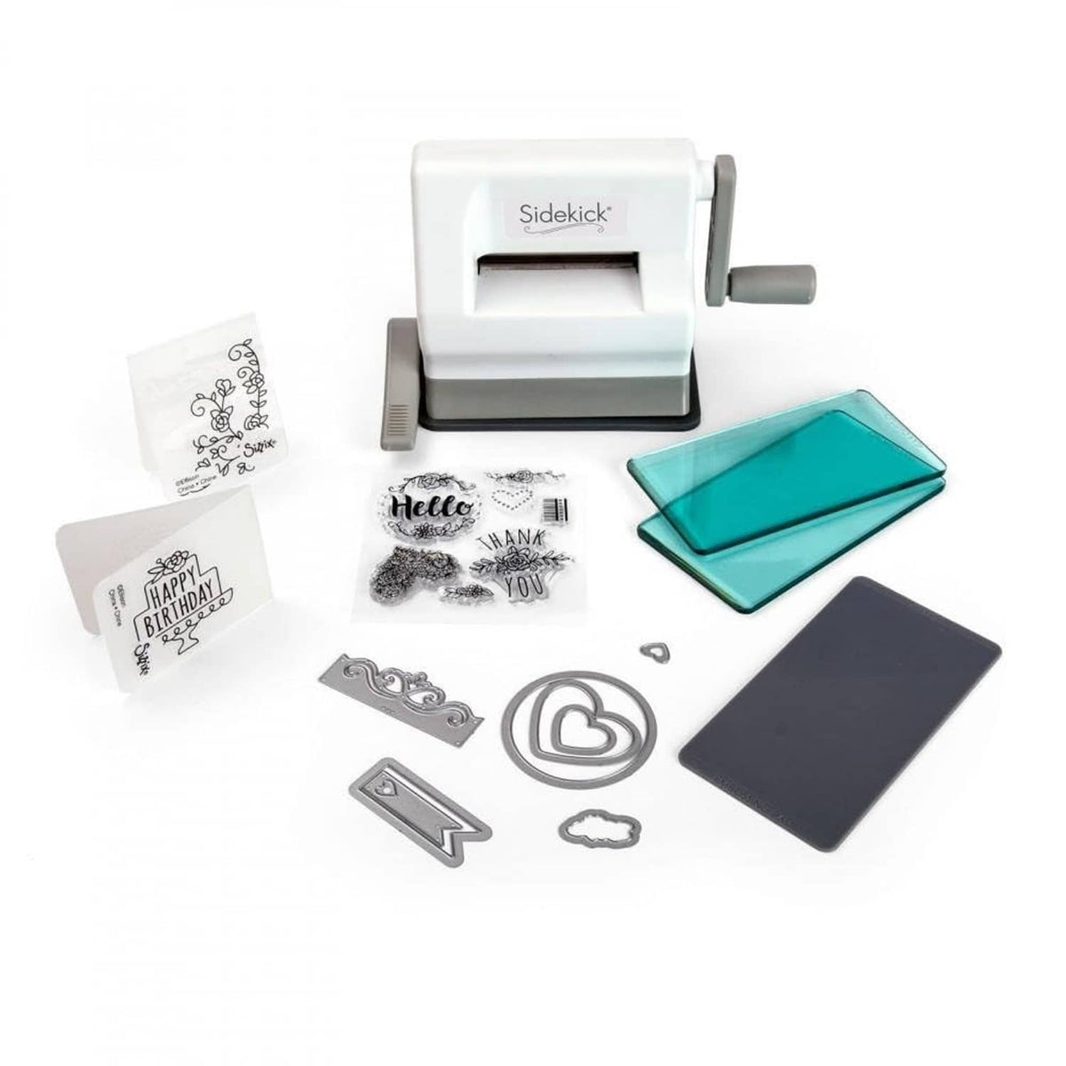 White portable manual die-cutting and embossing machine with teal embossing plate