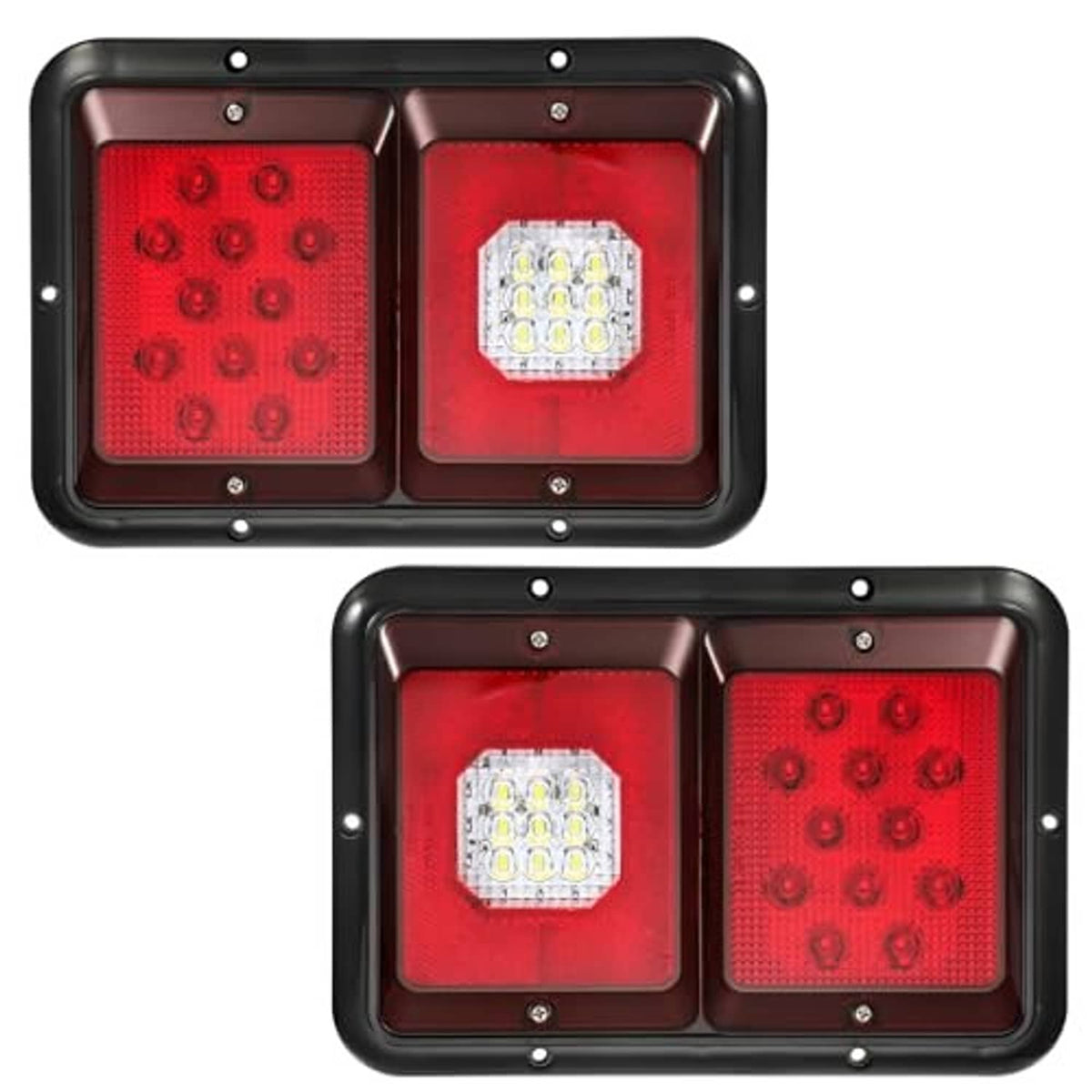 Red LED RV trailer tail light pair with dual square housings and white LED centers