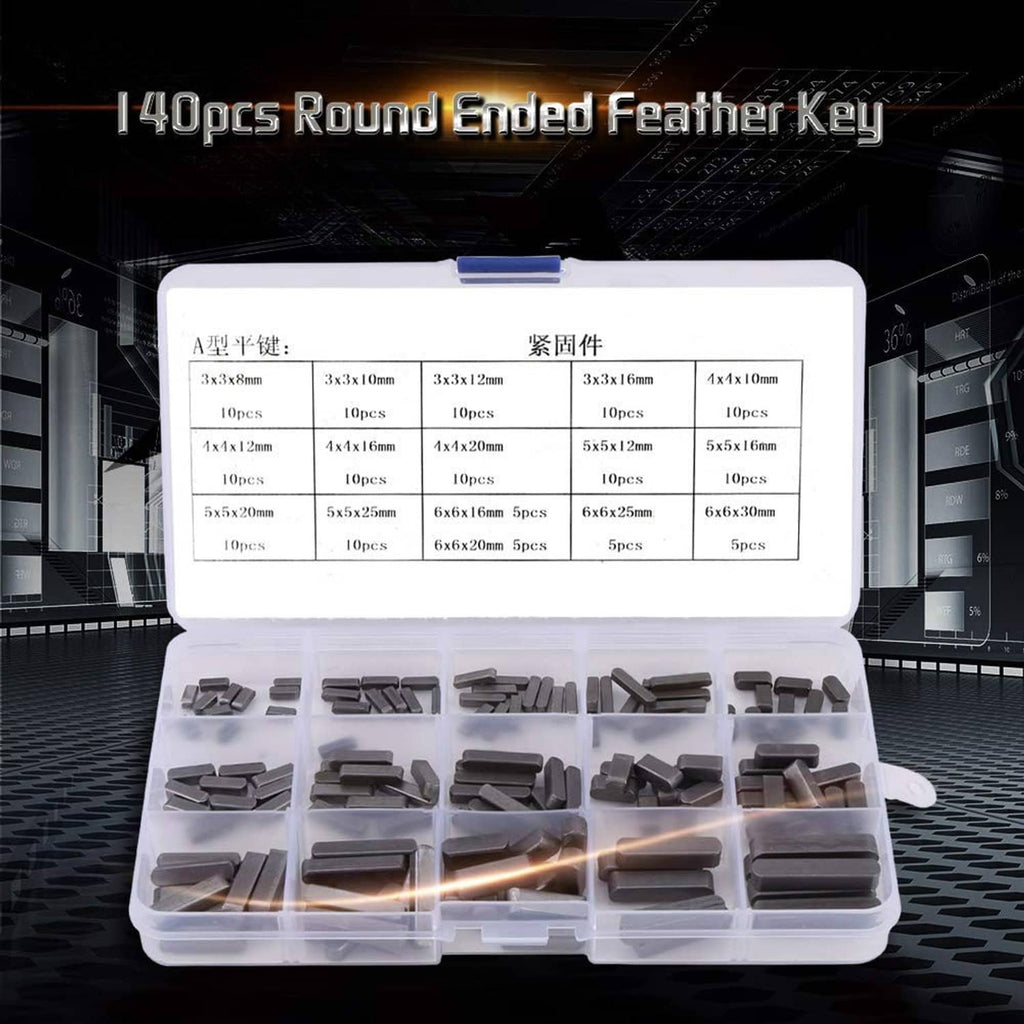 Feather key stock pieces in open organizer case, many dark keys with rounded ends
