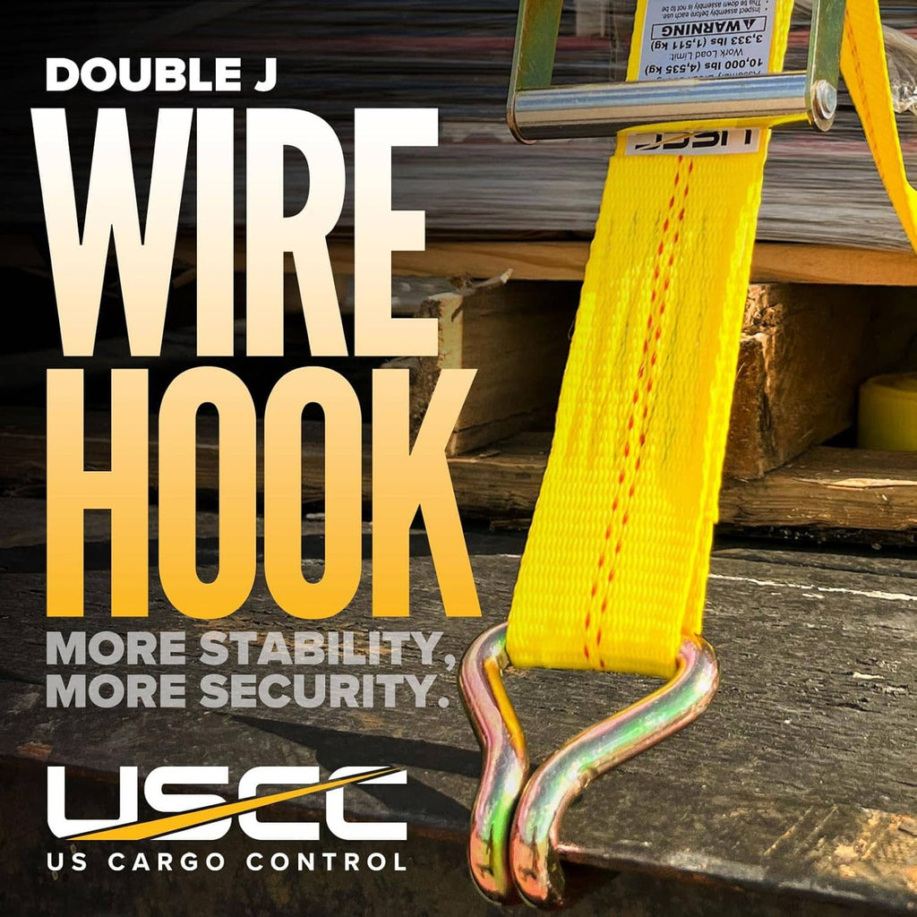 Yellow wire hook ratchet strap with J-hook end and webbing under load