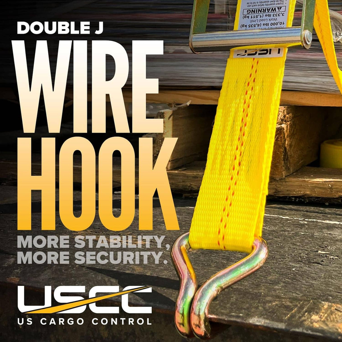 Yellow wire hook ratchet strap with J-hook end and webbing under load