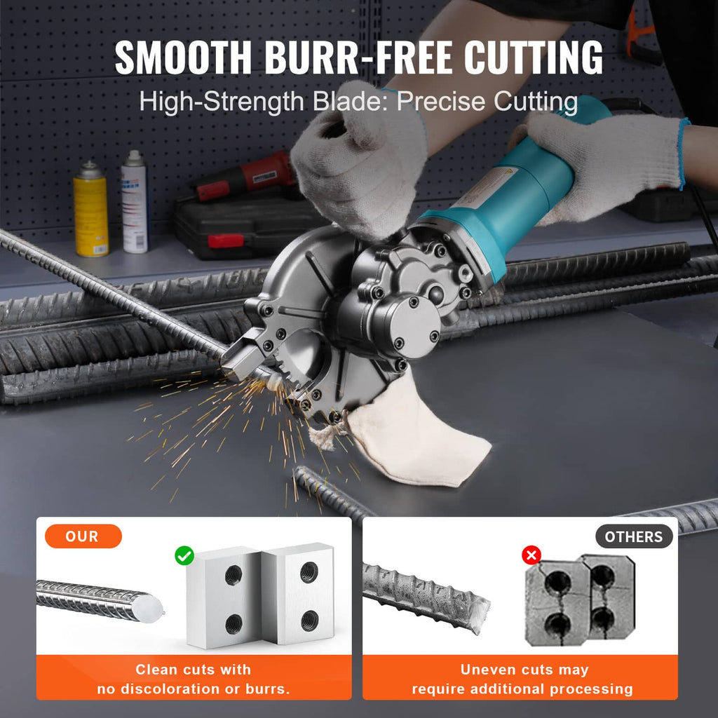 Electric rebar cutter cutting rebar on a dark work surface