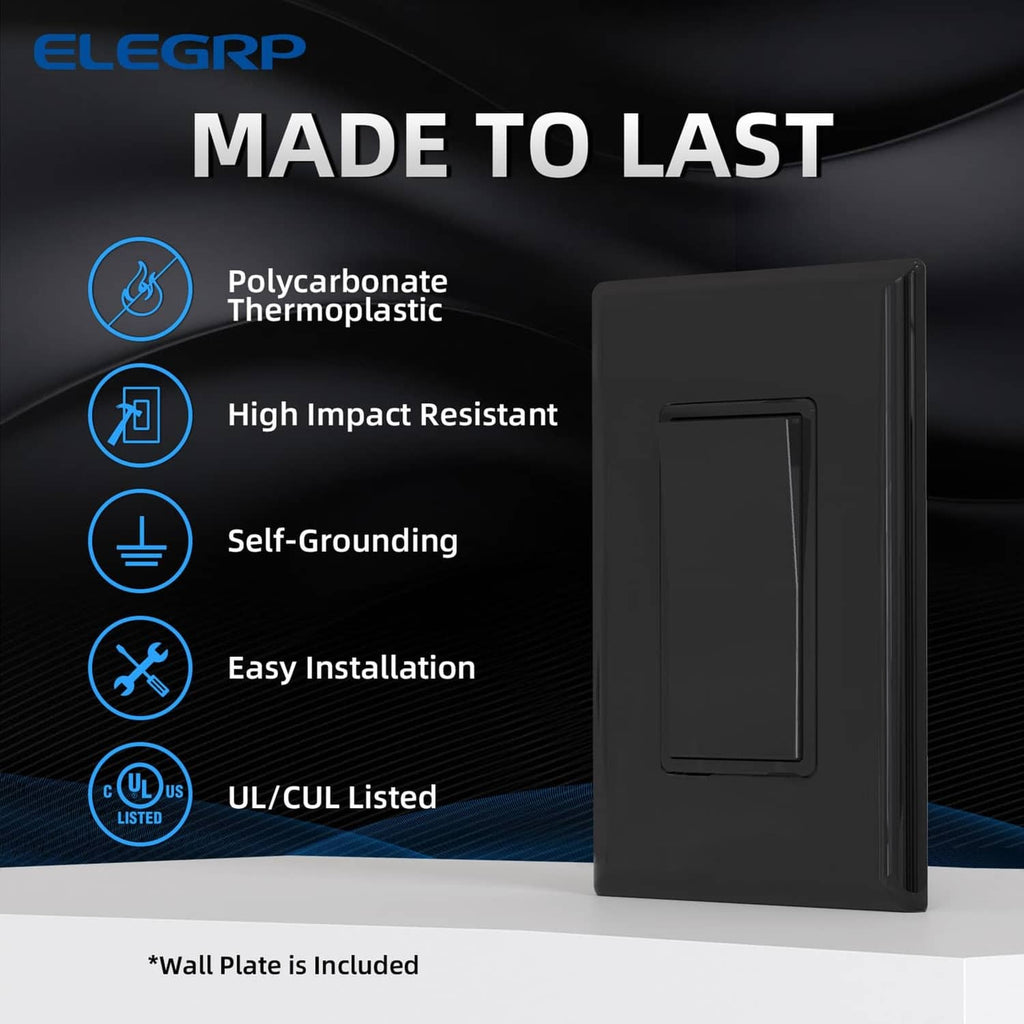 Glossy black single-pole wall switch with screwless faceplate and compact design