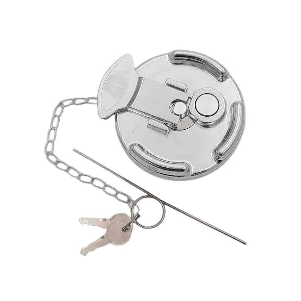 Locking diesel fuel cap underside with black seal ring and chain, chrome aluminum rim
