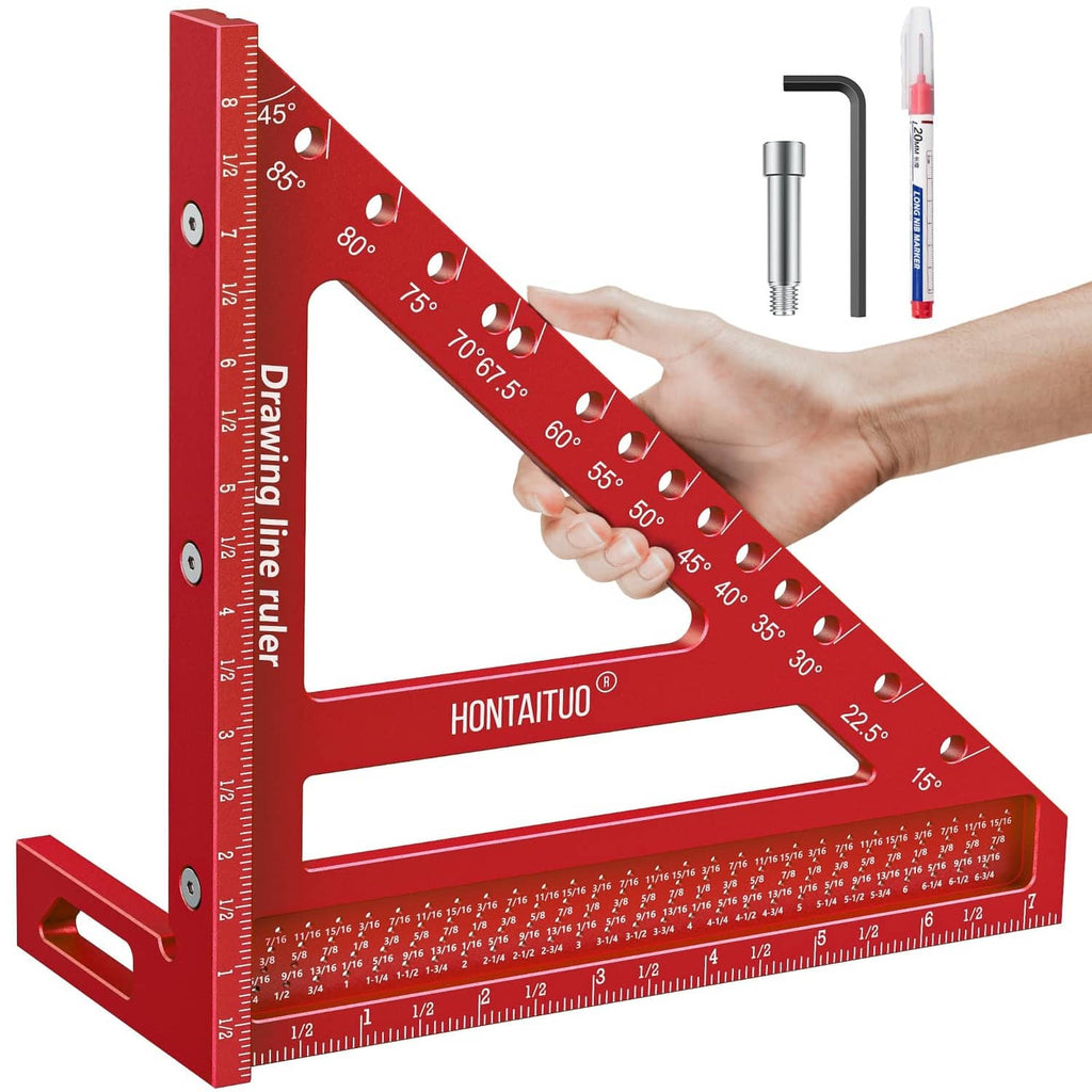 Red 3D carpenter square marking gauge with angle scale and hand-held use